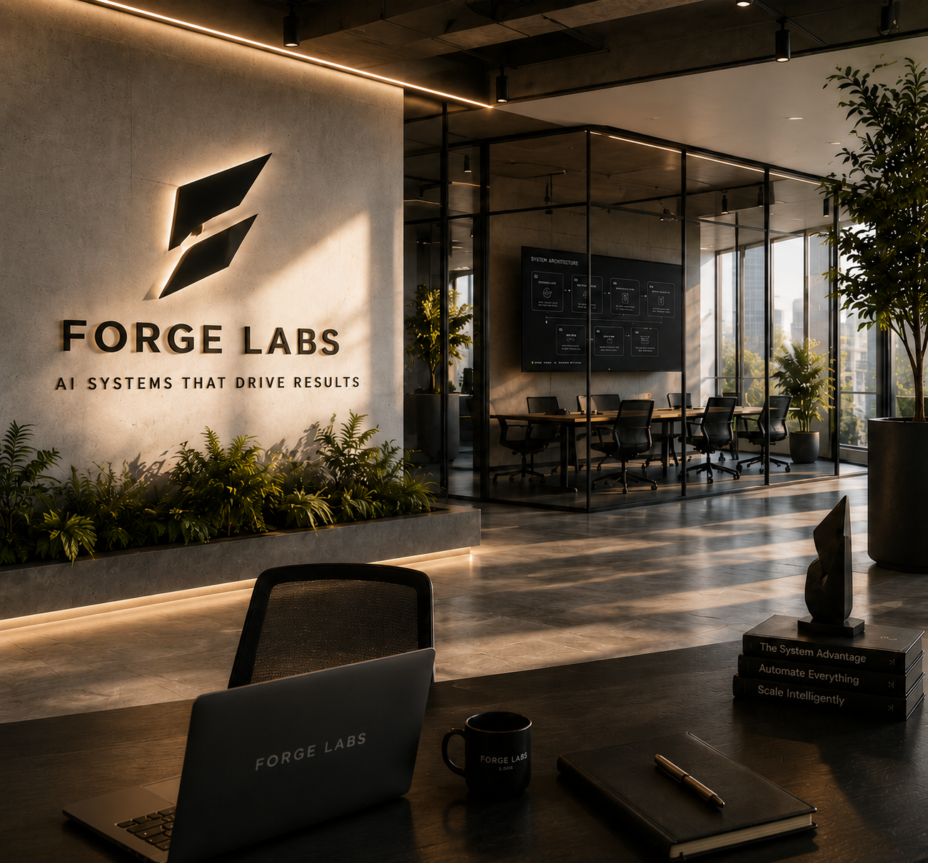 Forge Labs office — AI systems that drive results, with the Forge Labs logo, laptop, and books